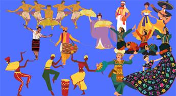 Illustrations of different cultural dances on a blue background