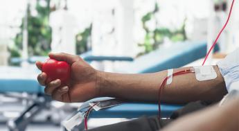 A male blood donor squeezing a heart-shaped red ball with an attached catheter.