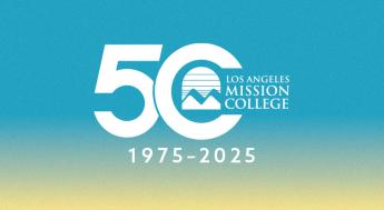 Los Angeles Mission College 50th Anniversary logo on a gradient background