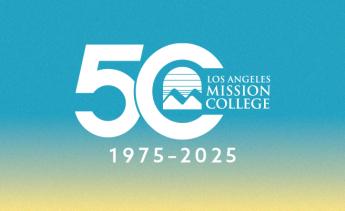 Los Angeles Mission College 50th Anniversary logo on a gradient background