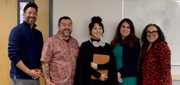From left to right: Jacob Skelton, Al Ybarra, Distinguished Instructor Honoree Althea Lao, LAMC College President Armida Ornelas, and LAMC Vice President of Academic Affairs Laura Cantu.