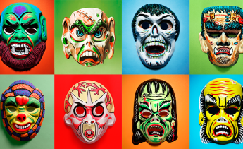 A selection of plastic monster halloween masks on brightly colored backgrounds