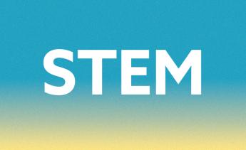 Text that reads STEM placed on a blue and yellow gradient background